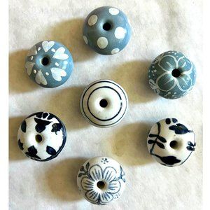 7 Beautiful Ceramic Door Knobs. Light Blue & Navy Circle Designs.  No Hardware.